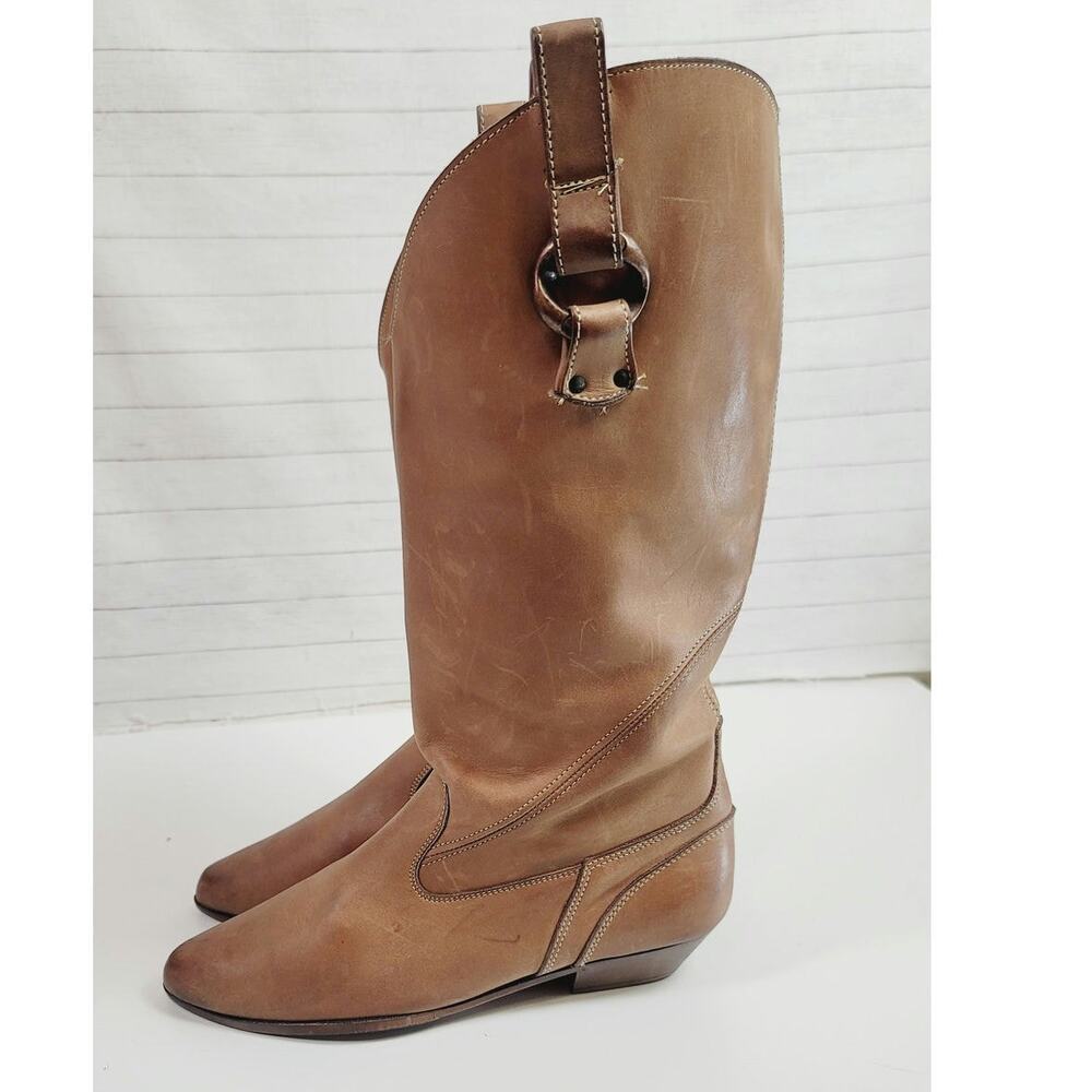 Vintage Dexter Leather Western Heeled Boots in Camel w Side Buckle Detail, sz 9